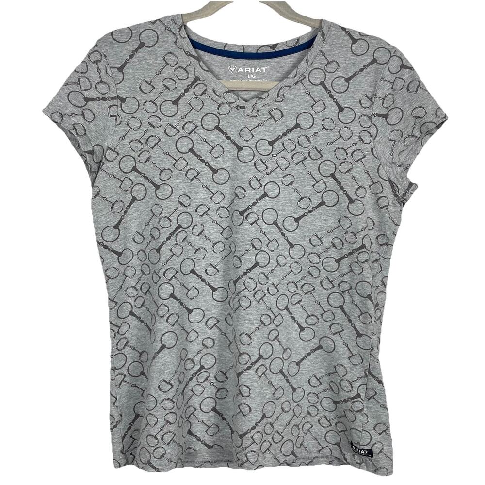 Ariat Snaffle Bit T-Shirt Womens Large Grey Equestrian V-Neck Horse Girl Classic
